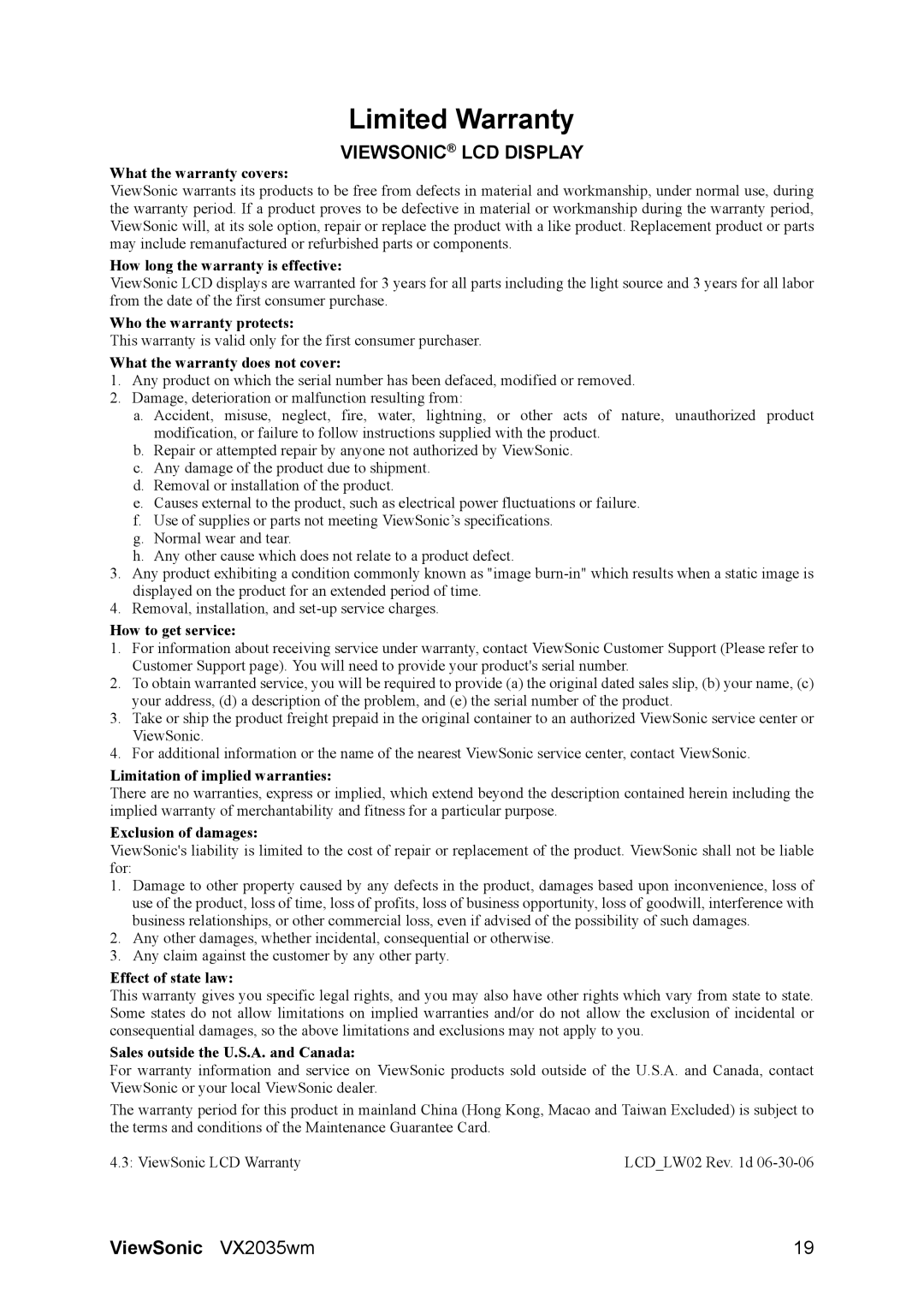 ViewSonic VS11435, VX2035wm manual Limited Warranty, Viewsonic LCD Display 