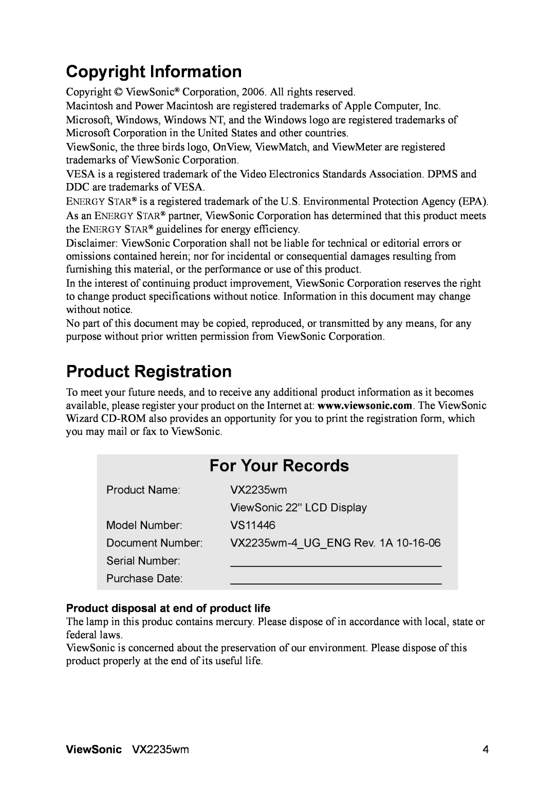 ViewSonic VX2235WM Copyright Information, Product Registration, For Your Records, Product disposal at end of product life 