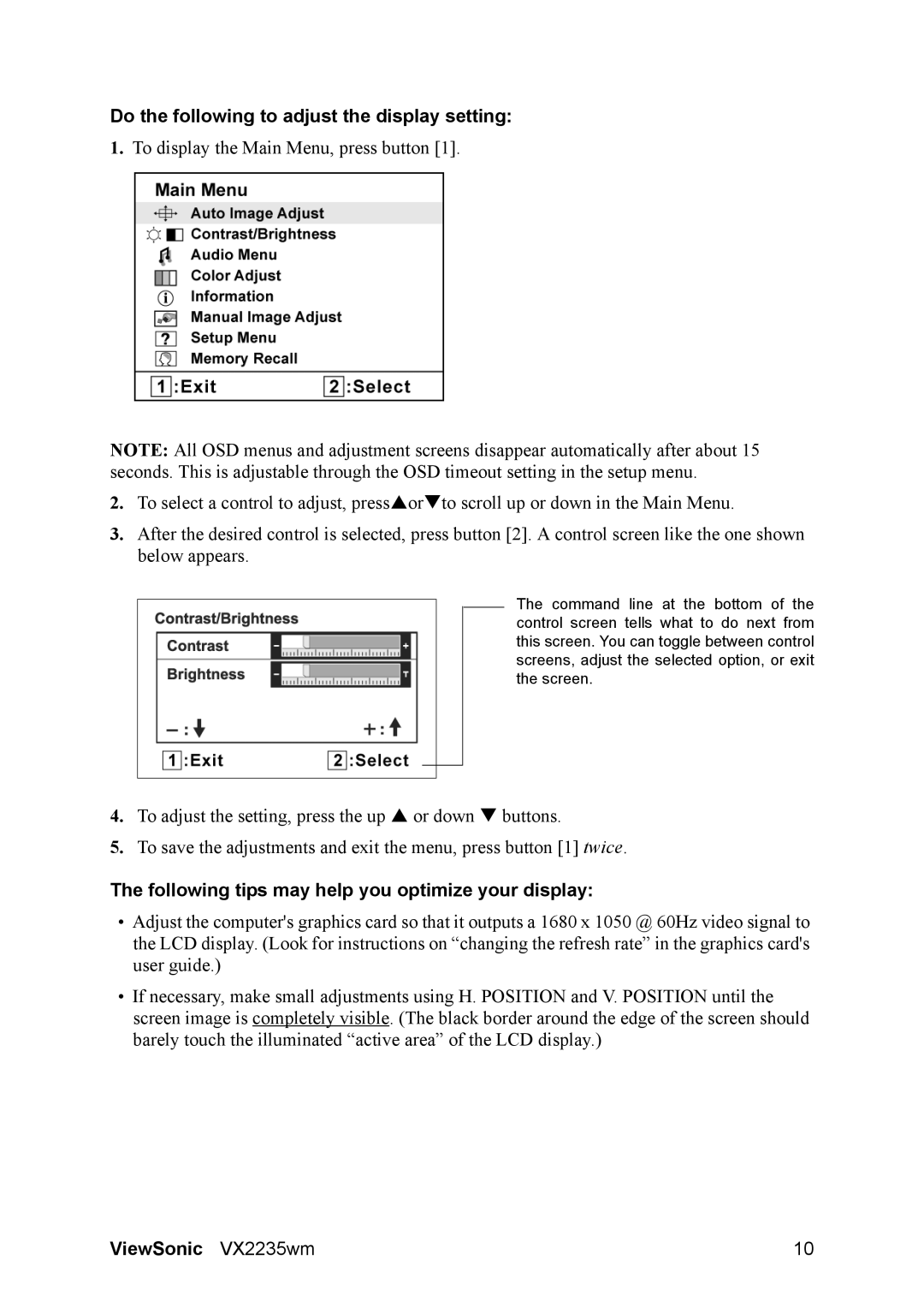 ViewSonic VX2235WM manual Do the following to adjust the display setting, Following tips may help you optimize your display 