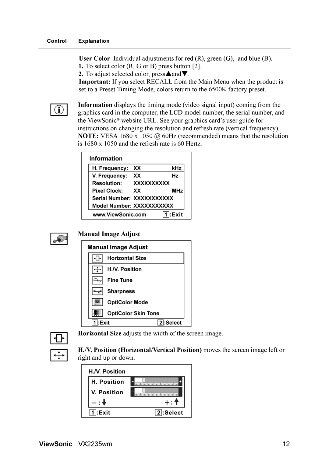 ViewSonic VX2235WM manual Manual Image Adjust 