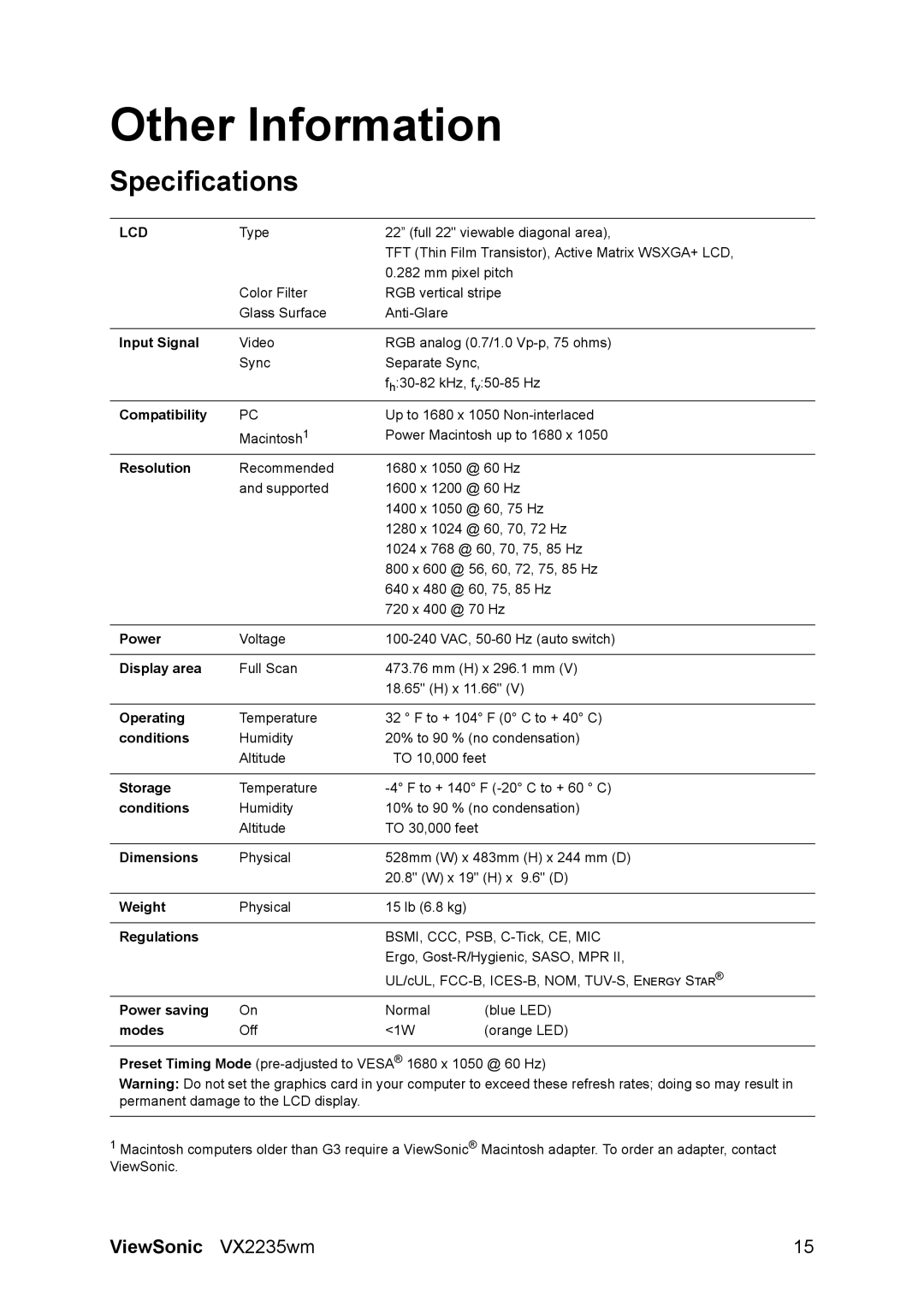 ViewSonic VX2235WM manual Other Information, Specifications 