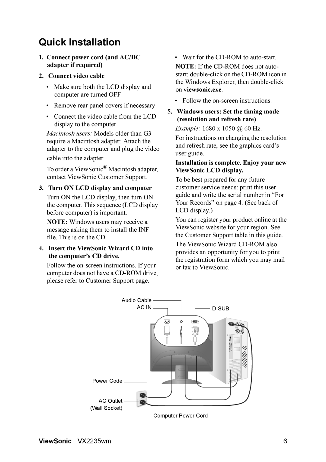 ViewSonic VX2235WM manual Quick Installation, Turn on LCD display and computer 