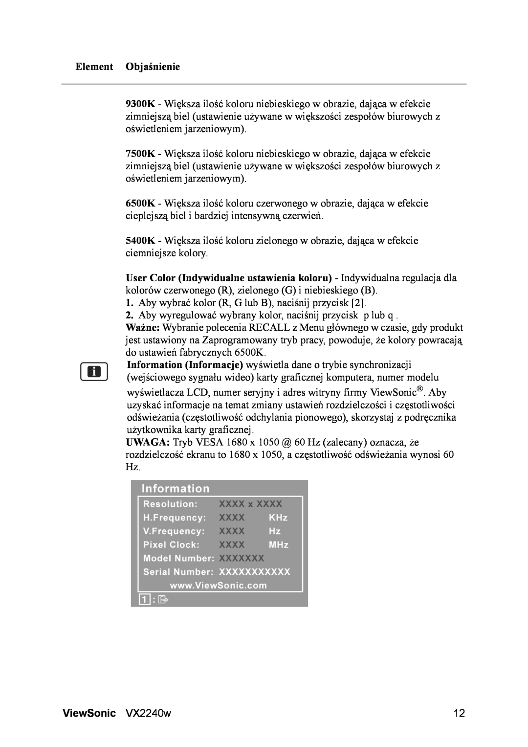 ViewSonic VS11985 manual Element Objaśnienie, Aby wybrać kolor R, G lub B, naciśnij przycisk, ViewSonic VX2240w 