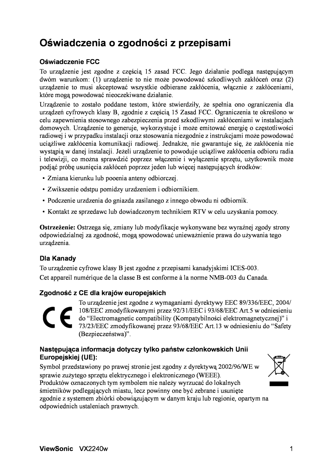 ViewSonic VS11985 manual Oświadczenia o zgodności z przepisami, Oświadczenie FCC, Dla Kanady, ViewSonic VX2240w 