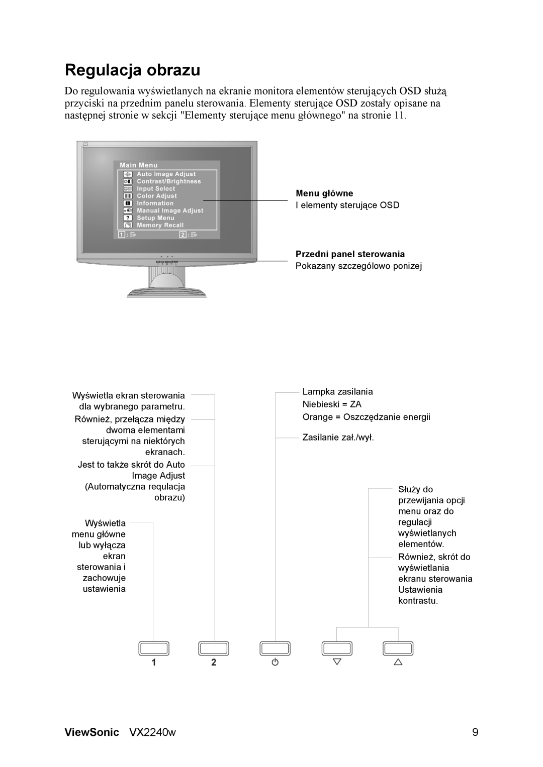 ViewSonic VX2240w, VS11985 manual Regulacja obrazu, Przedni panel sterowania 