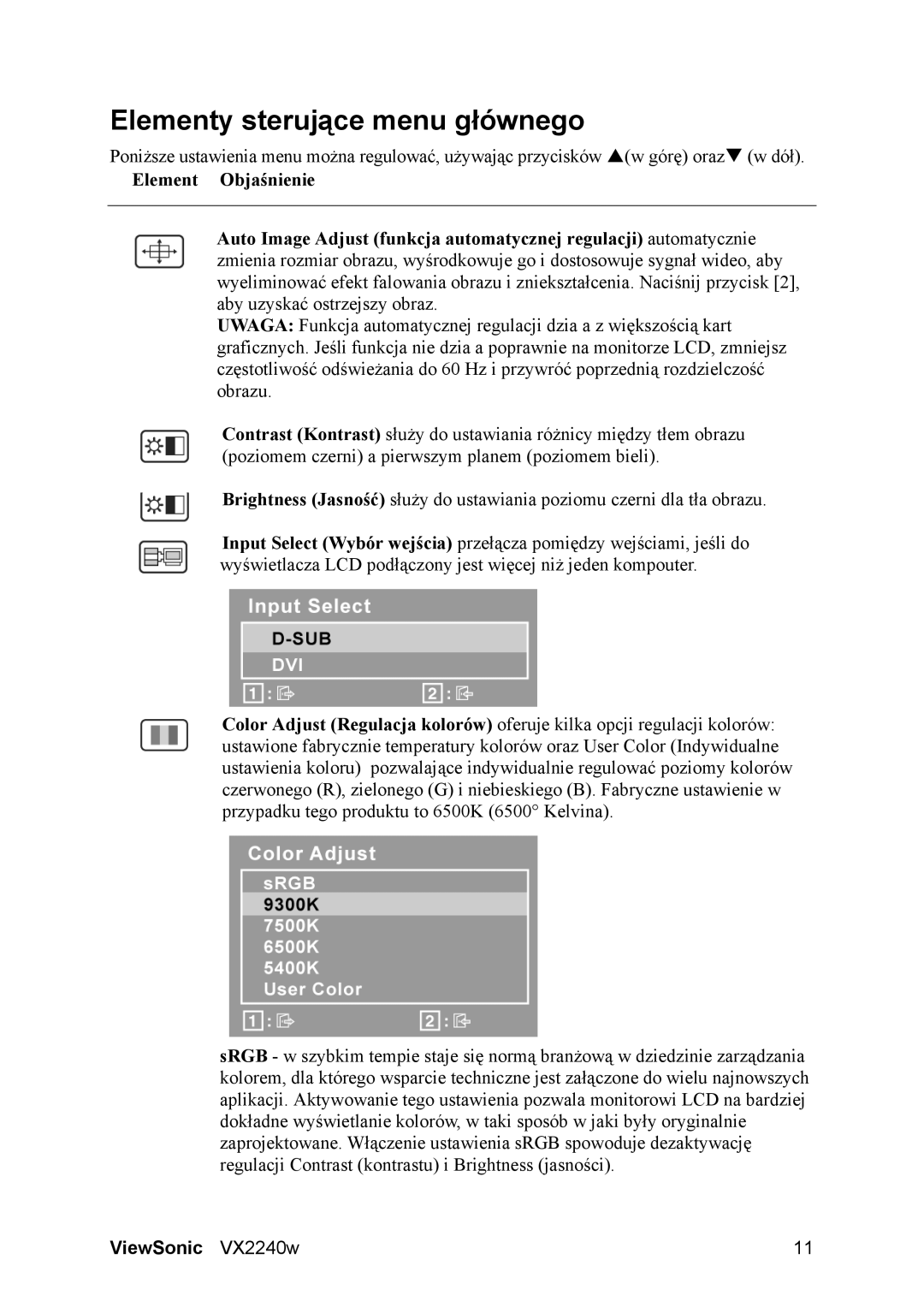 ViewSonic VX2240w, VS11985 manual Elementy sterujące menu głównego 