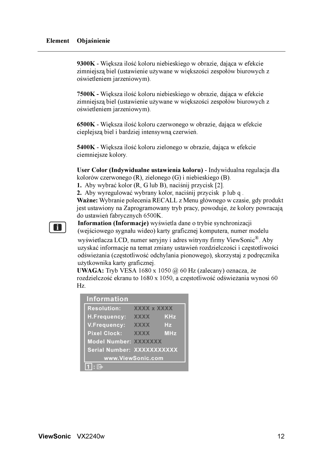 ViewSonic VS11985, VX2240w manual Element Objaśnienie 