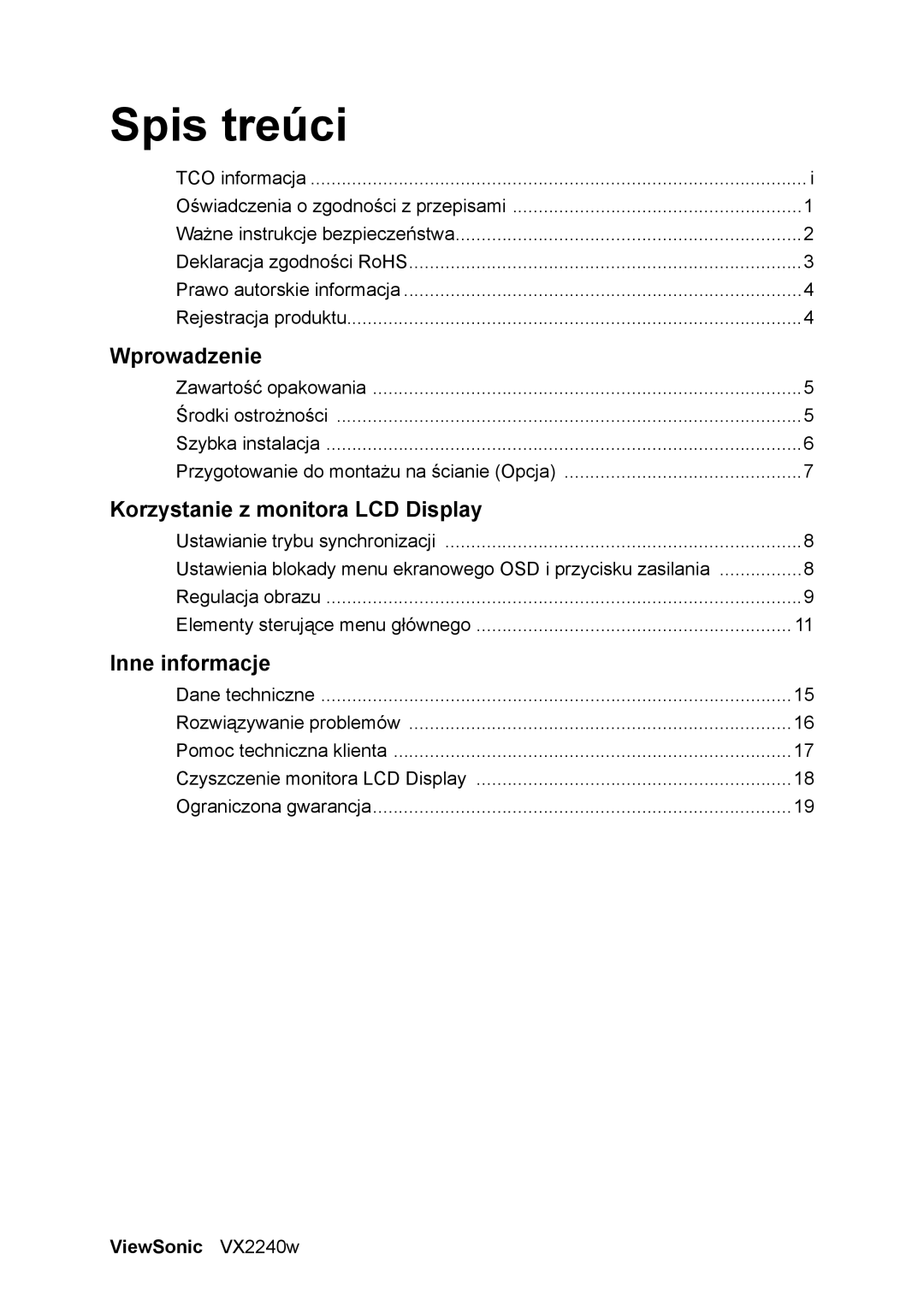 ViewSonic VS11985 manual Spis treúci, ViewSonic VX2240w 