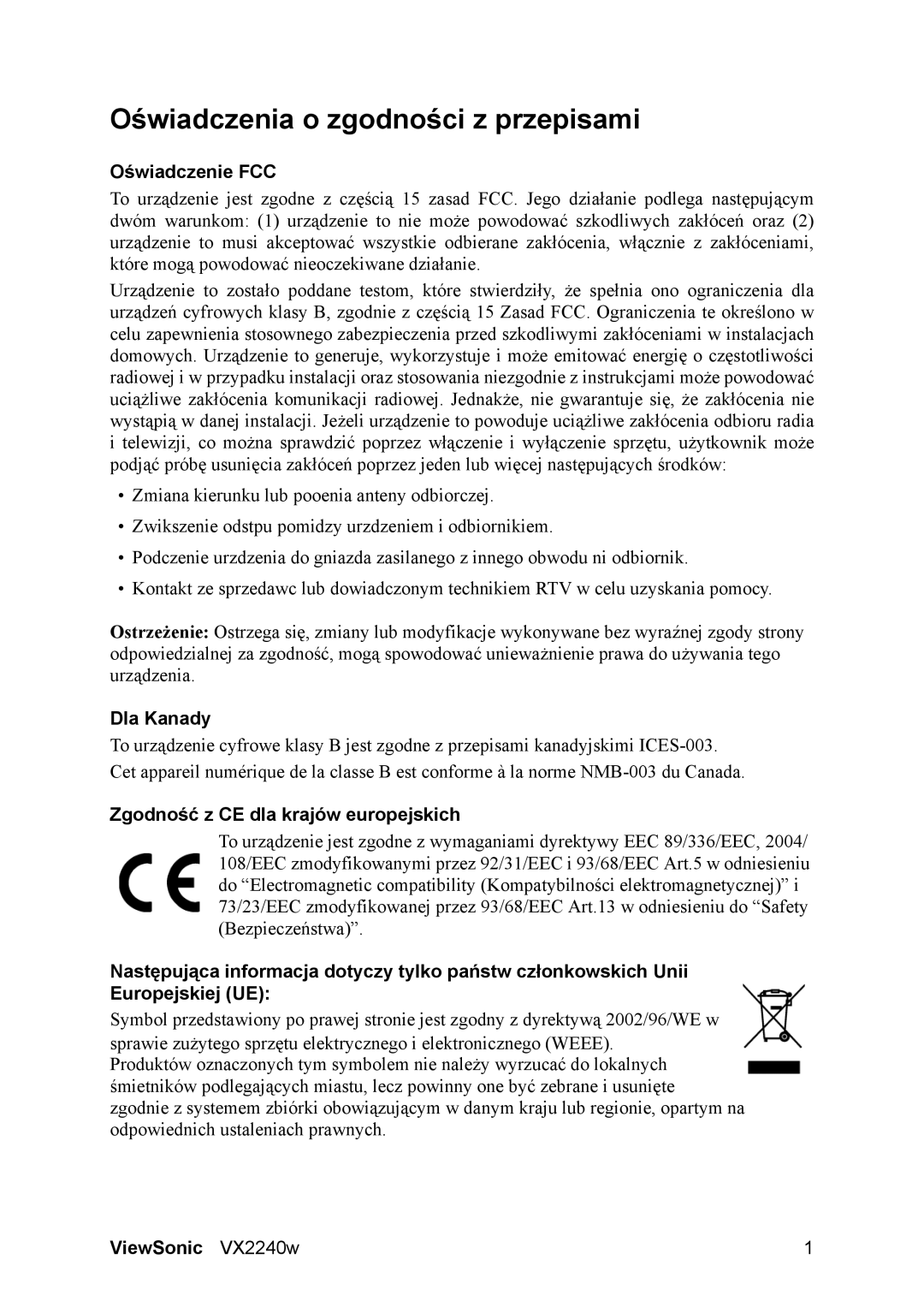 ViewSonic VX2240w, VS11985 manual Oświadczenia o zgodności z przepisami, Oświadczenie FCC, Dla Kanady 