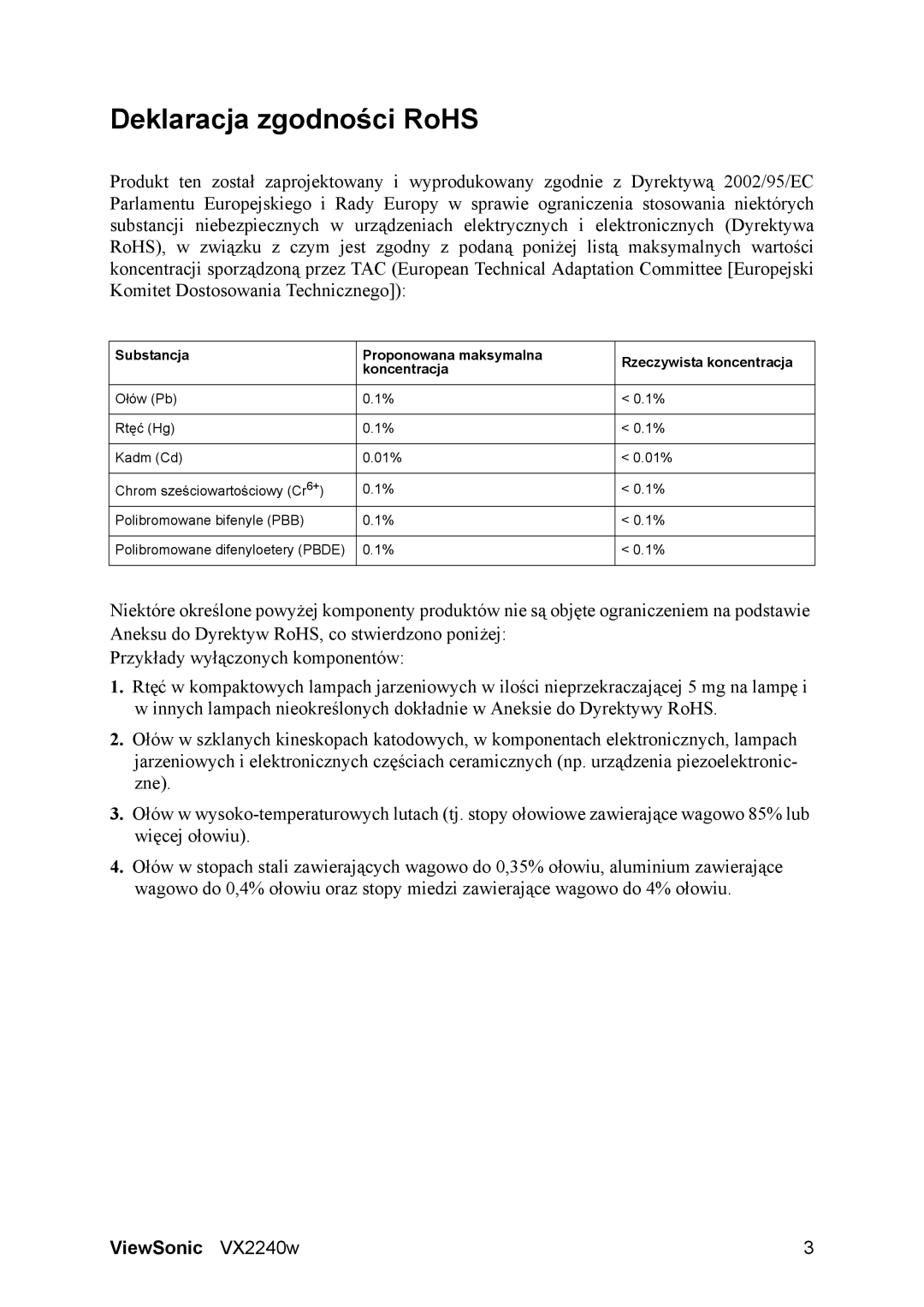 ViewSonic VX2240w, VS11985 manual Deklaracja zgodności RoHS 