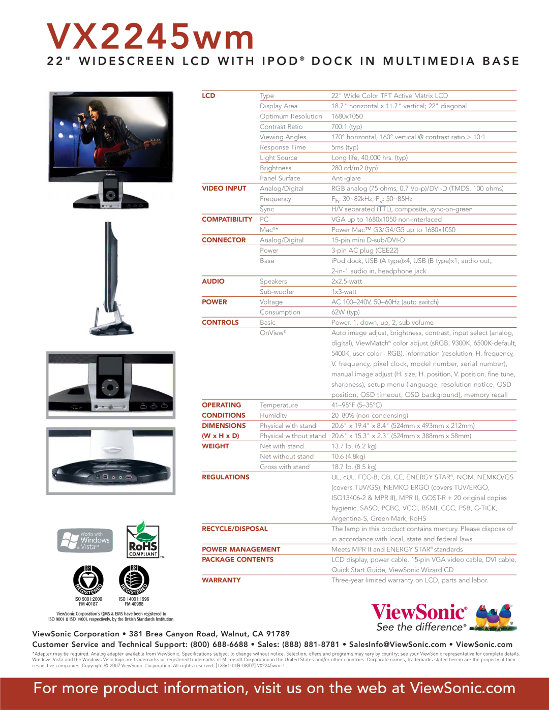 ViewSonic VX2245WM Lcd, Video Input, Compatibility, Connector, Audio, Power, Controls, Operating, Conditions, Dimensions 