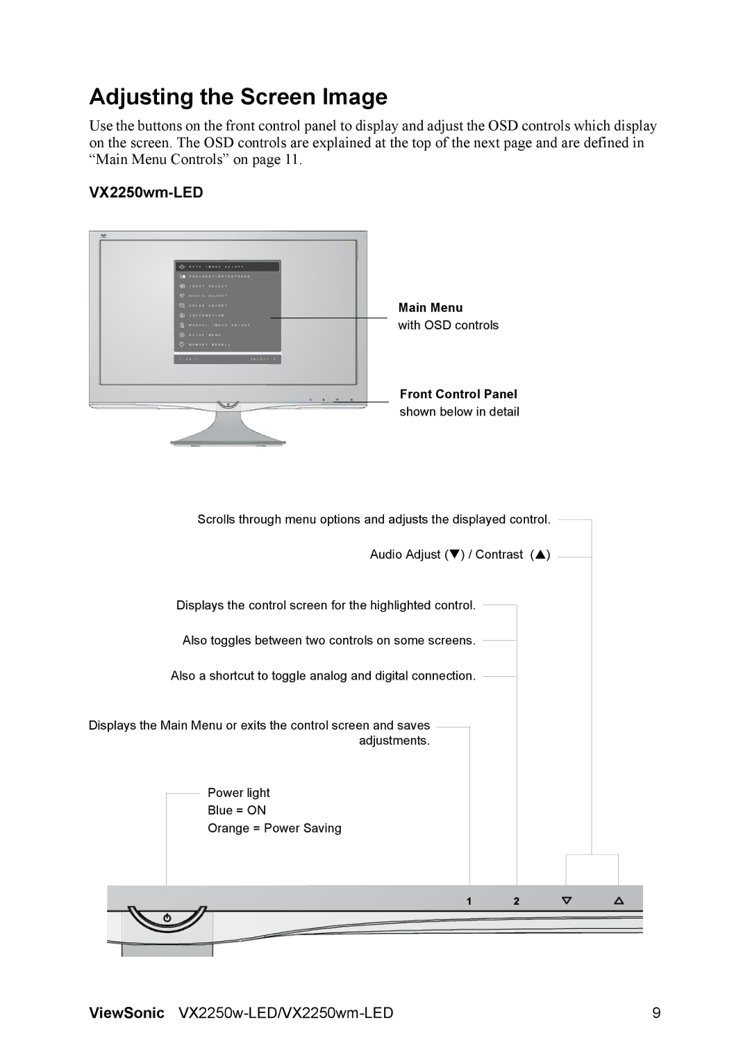 ViewSonic VX2250wm-LED, VX2250W-LED, VS13239 warranty Adjusting the Screen Image 