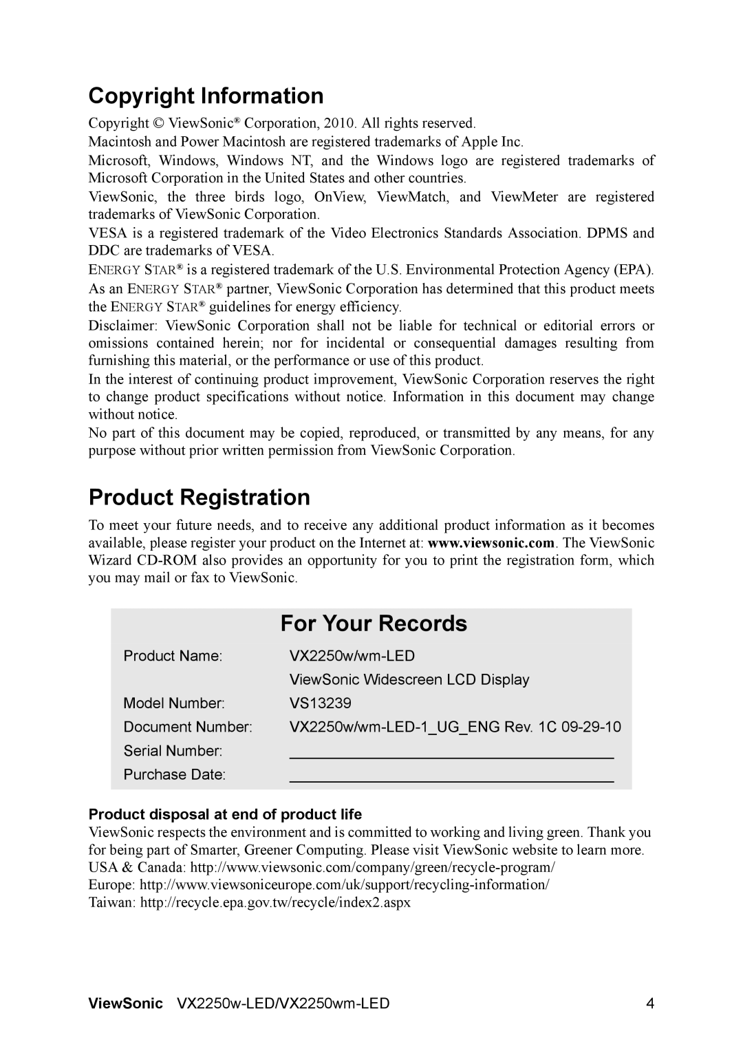 ViewSonic VX2250W-LED, VX2250wm-LED, VS13239 warranty Copyright Information, Product Registration For Your Records 