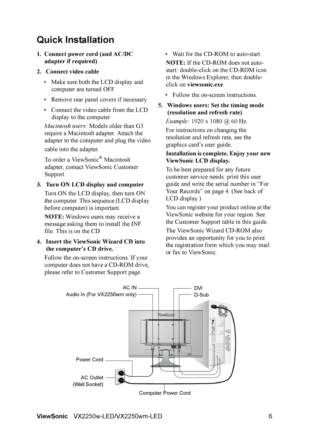 ViewSonic VX2250wm-LED, VX2250W-LED, VS13239 warranty Quick Installation, Turn on LCD display and computer 