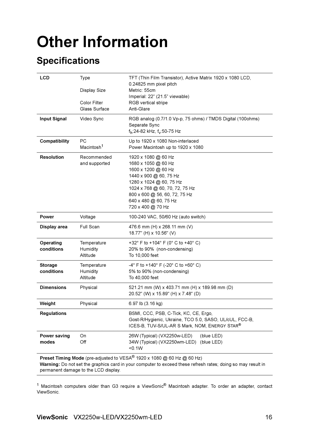 ViewSonic VX2250W-LED, VX2250wm-LED warranty Other Information, Specifications 