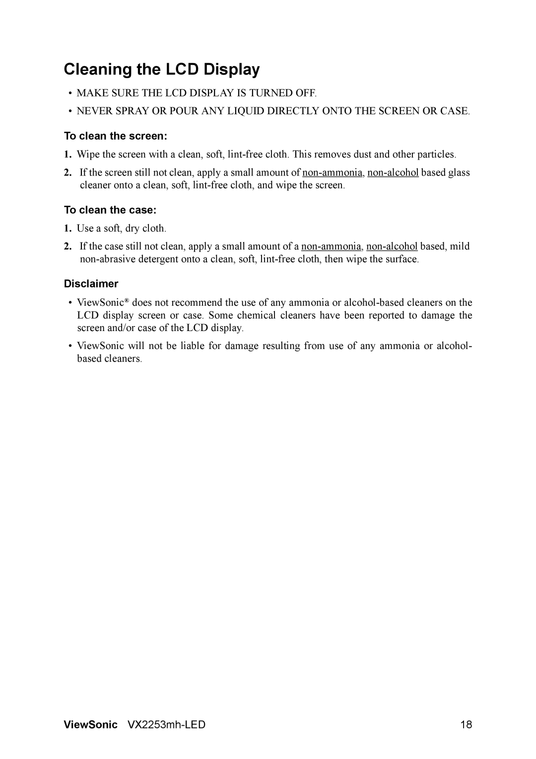 ViewSonic VX2253mh-LED warranty Cleaning the LCD Display, To clean the screen 