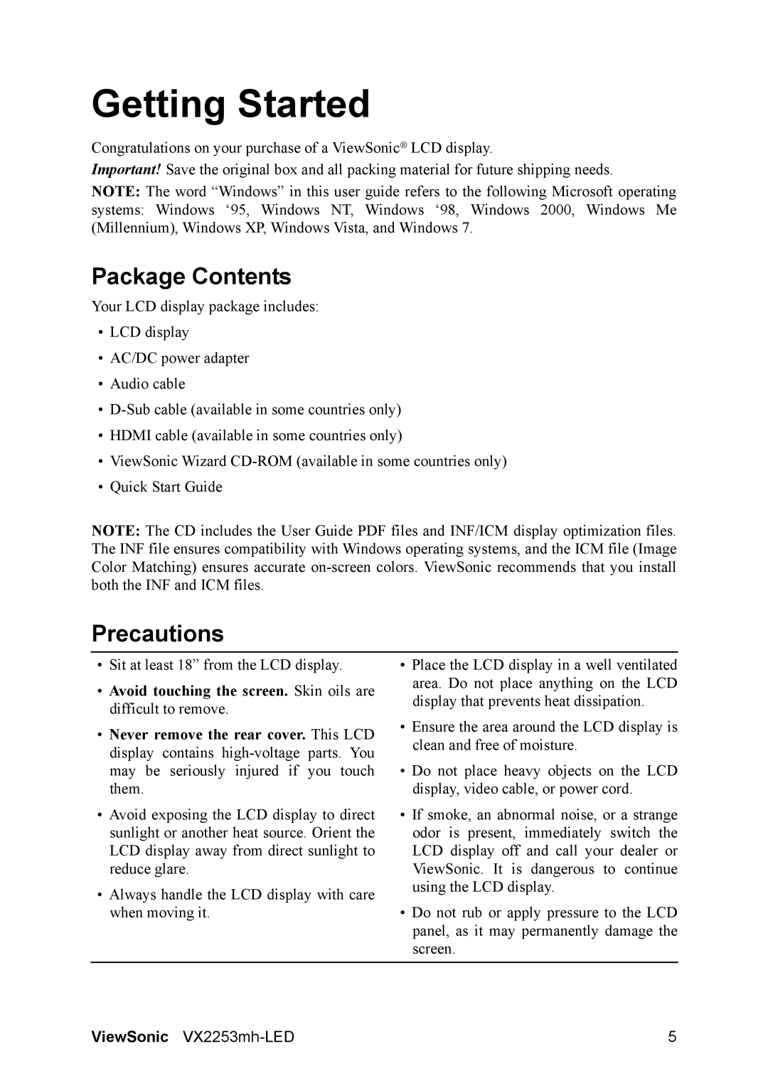 ViewSonic VX2253mh-LED warranty Package Contents, Precautions 