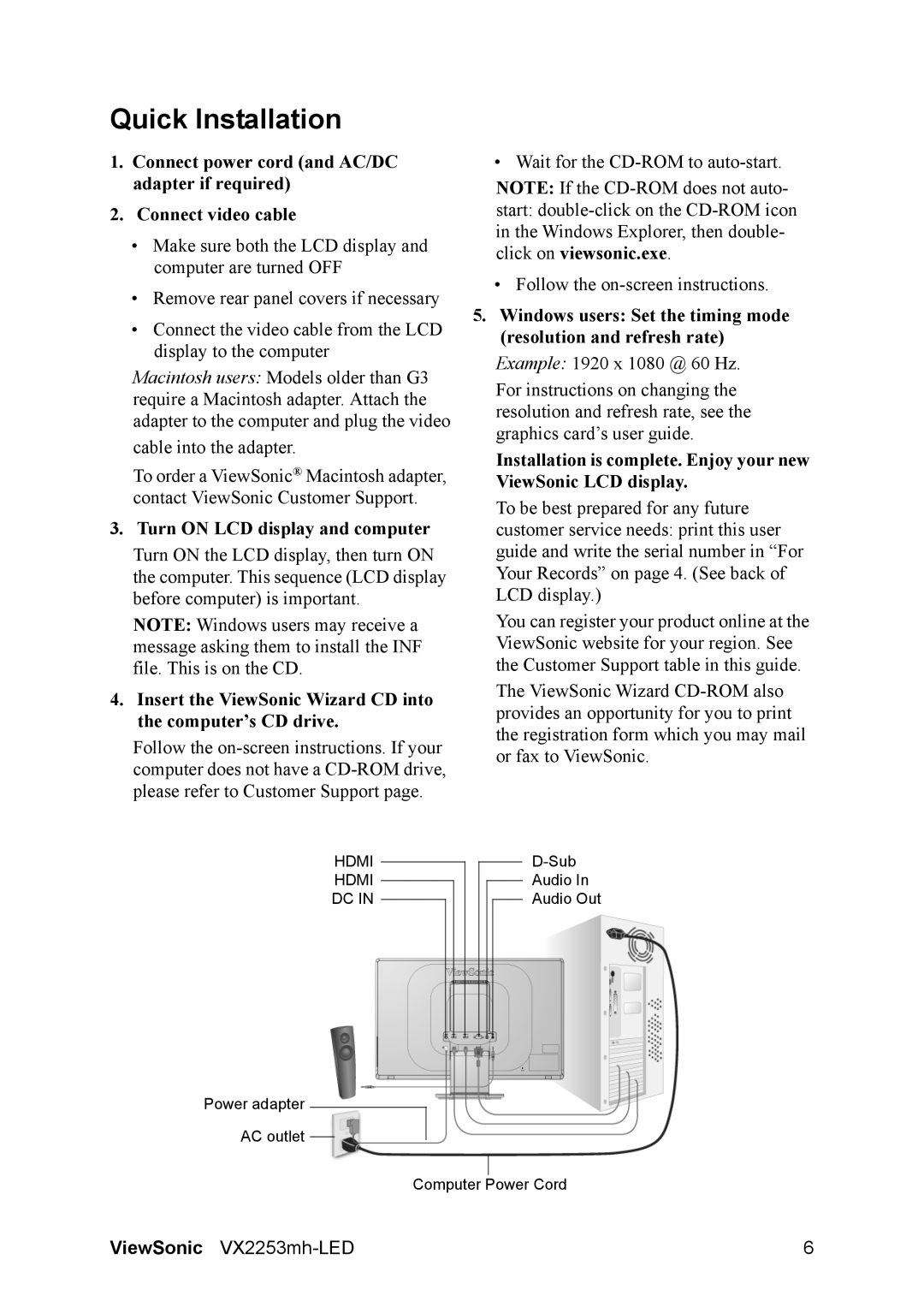 ViewSonic VX2253mh-LED warranty Quick Installation, Turn on LCD display and computer 