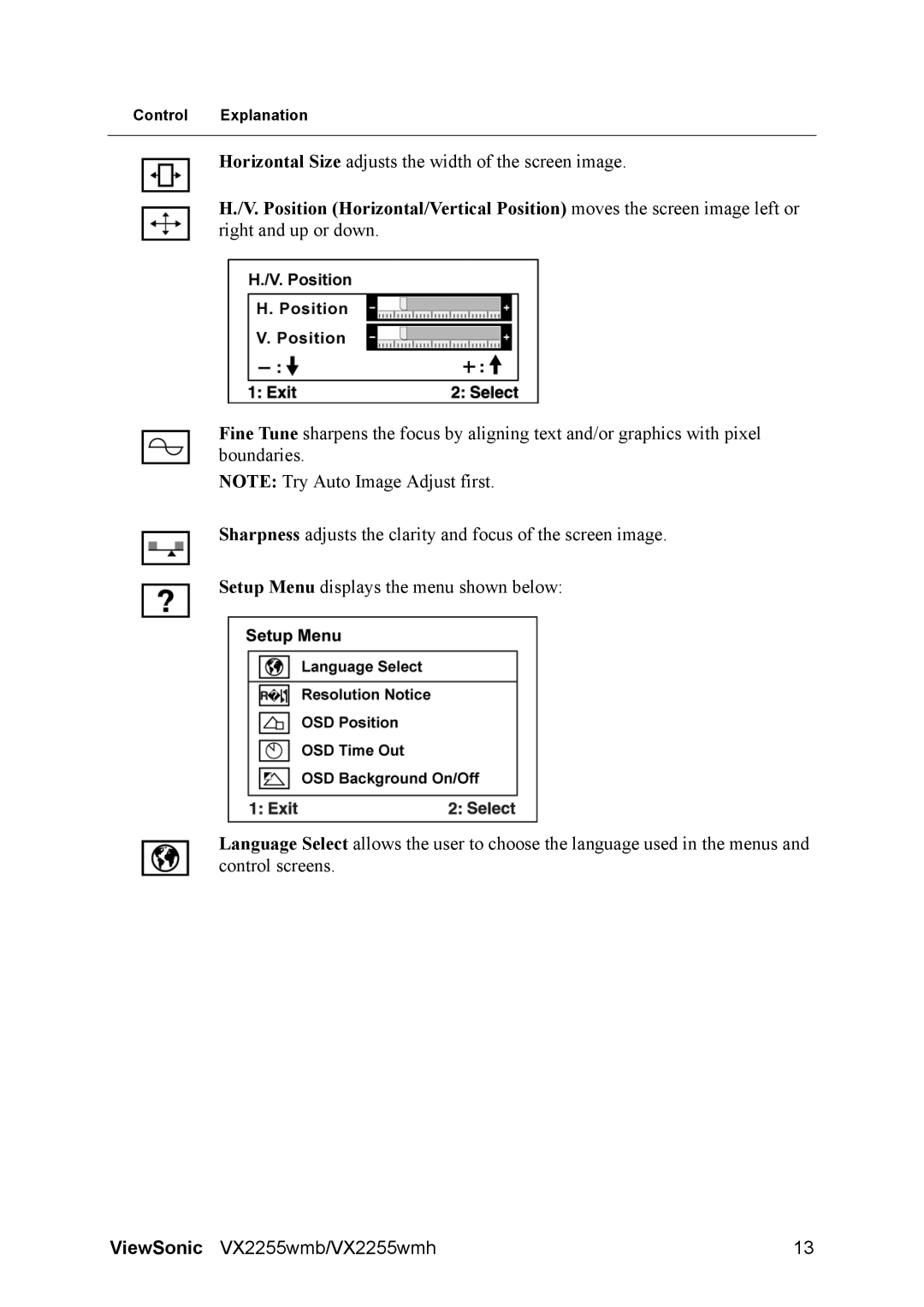 ViewSonic VX2255wmb warranty Horizontal Size adjusts the width of the screen image 