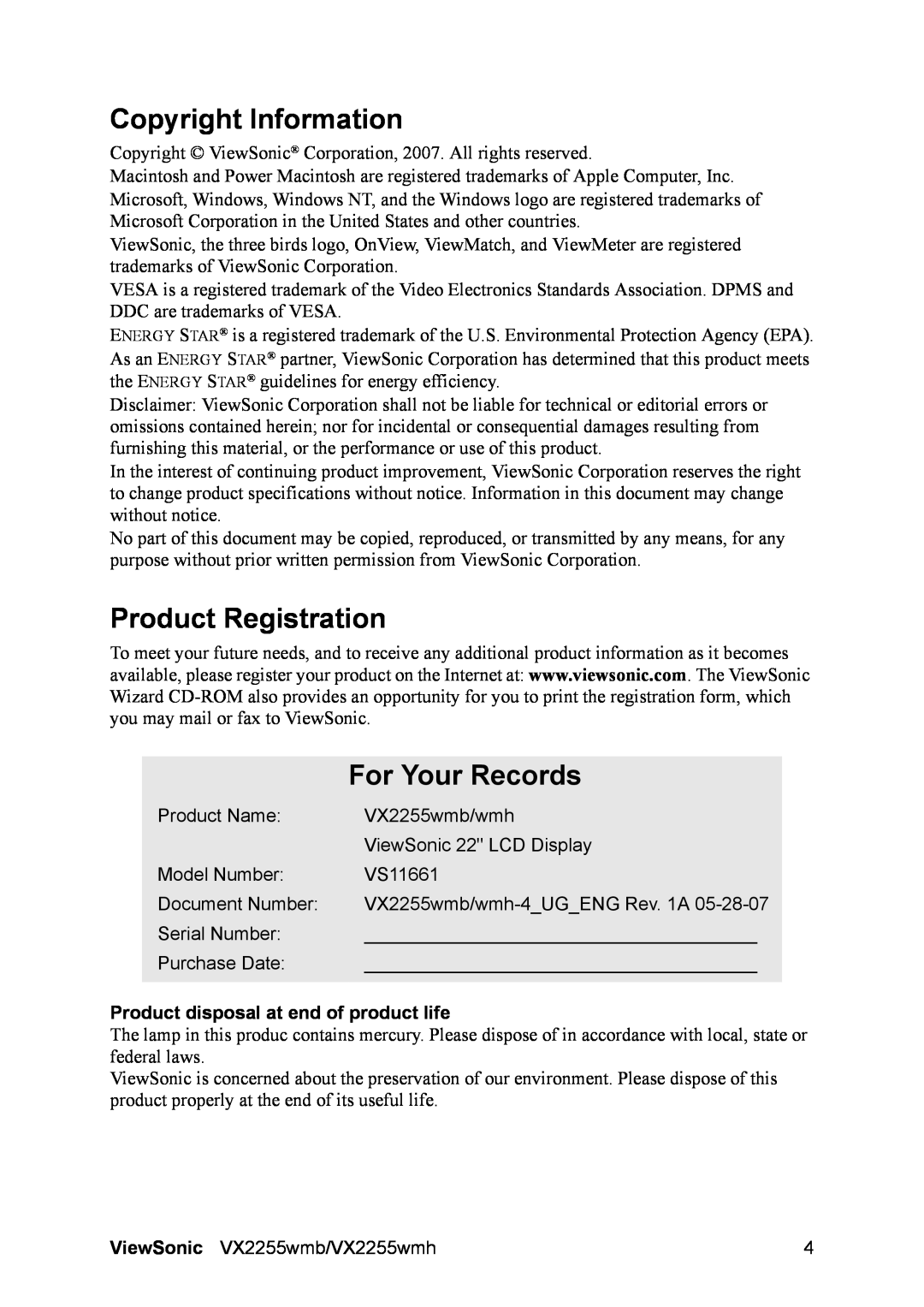 ViewSonic VX2255WMH Copyright Information, Product Registration, For Your Records, Product disposal at end of product life 