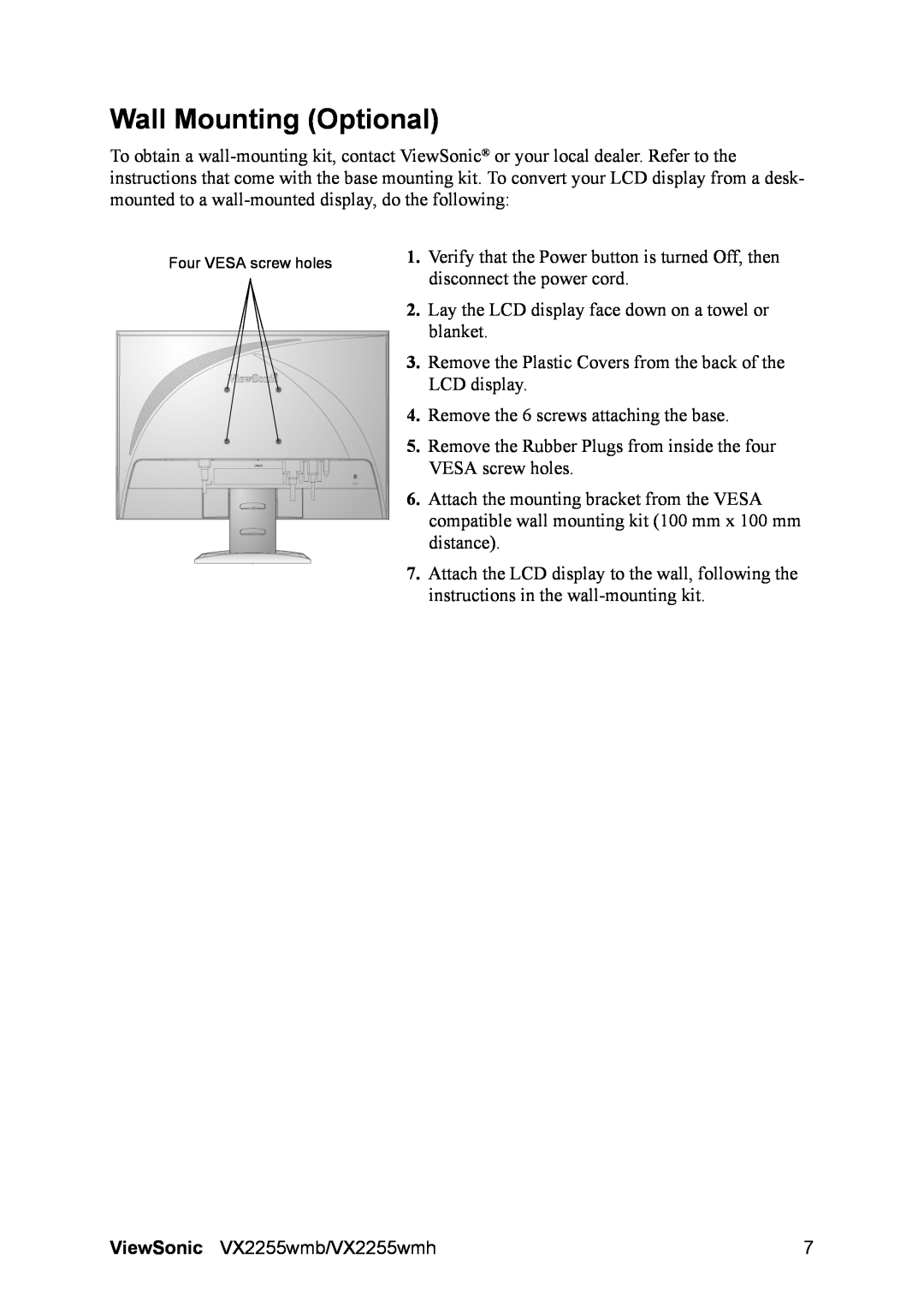 ViewSonic VX2255WMH manual Wall Mounting Optional 