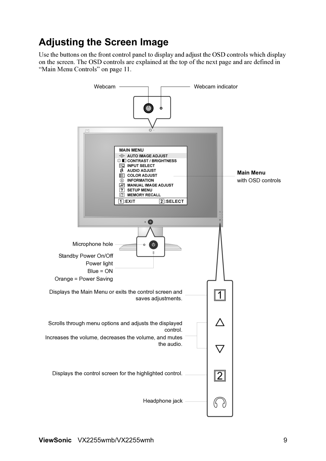 ViewSonic VX2255WMH manual Adjusting the Screen Image, Main Menu 