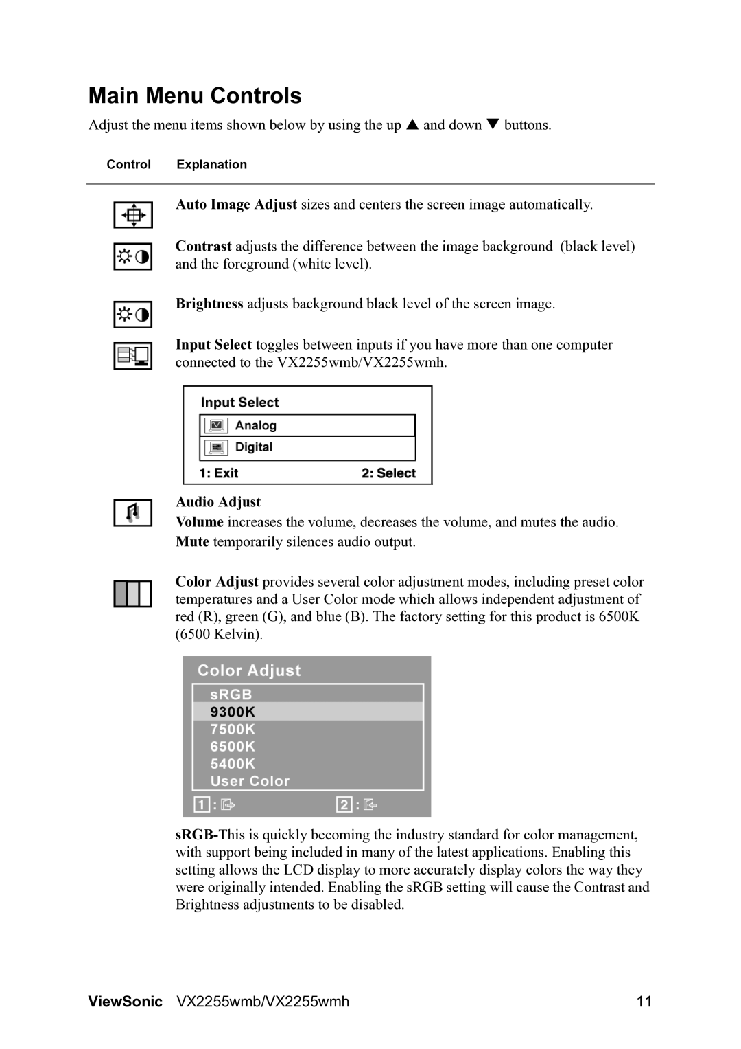 ViewSonic VX2255WMH manual Main Menu Controls, Audio Adjust 