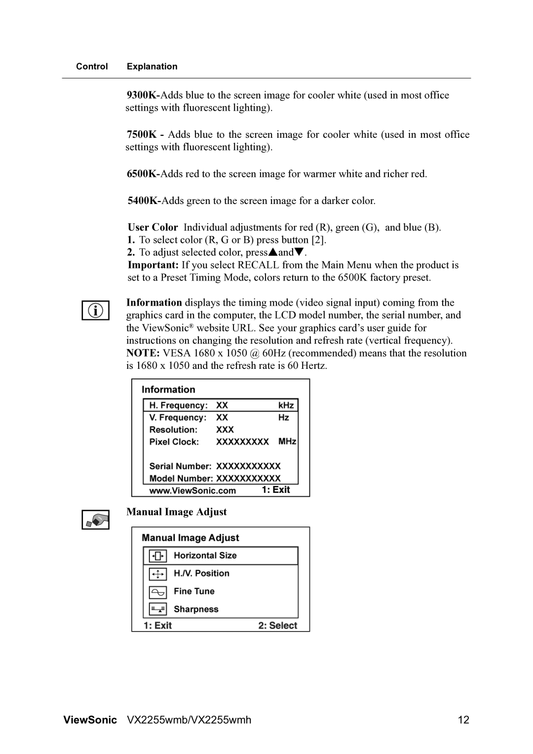 ViewSonic VX2255WMH manual Manual Image Adjust 