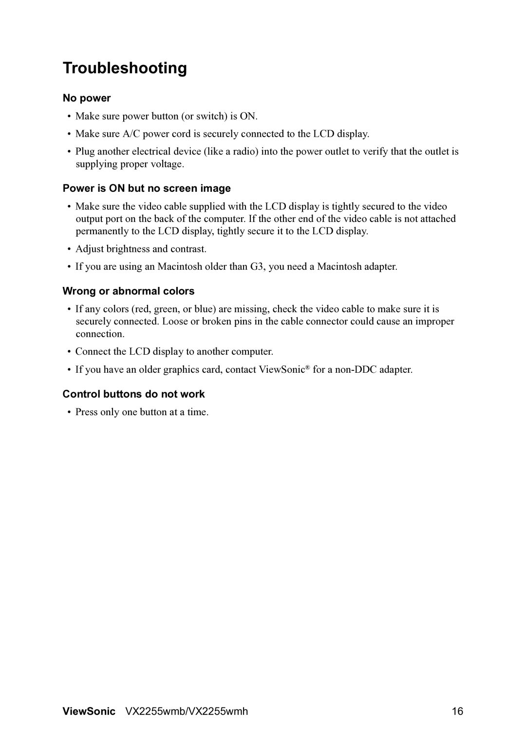 ViewSonic VX2255WMH manual Troubleshooting, No power, Power is on but no screen image, Wrong or abnormal colors 