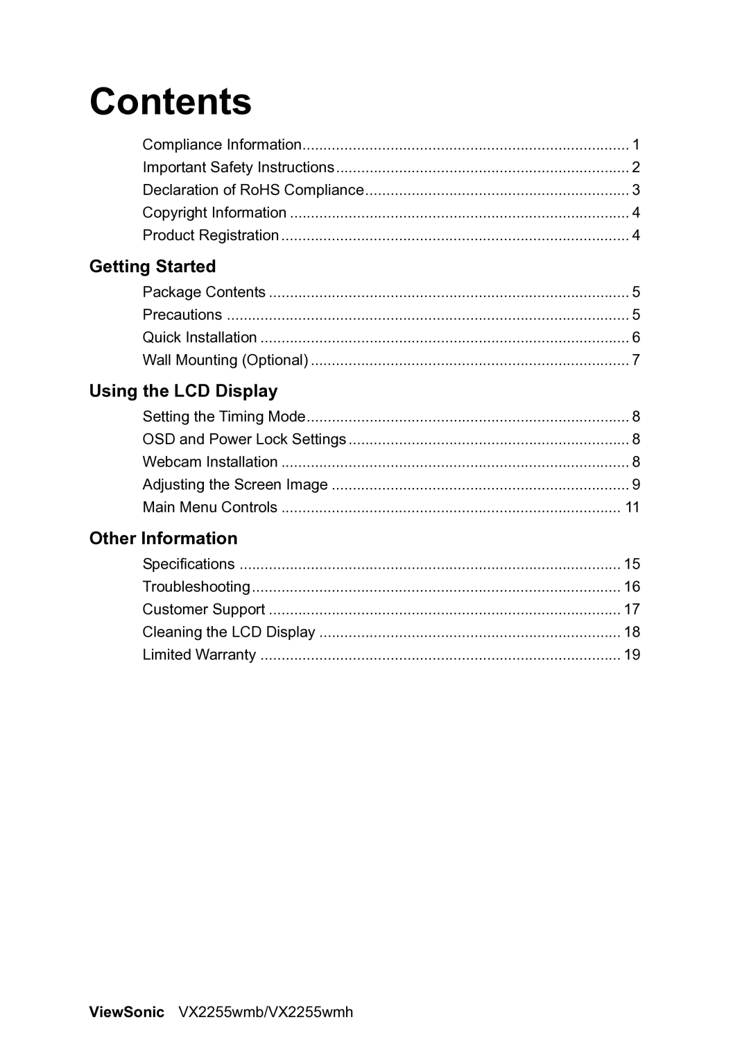 ViewSonic VX2255WMH manual Contents 