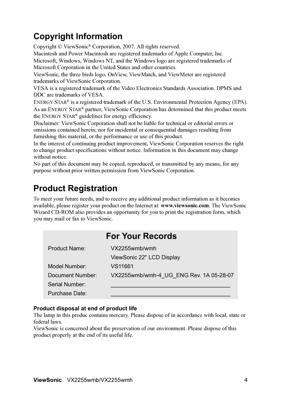 ViewSonic VX2255WMH Copyright Information, Product Registration For Your Records, Product disposal at end of product life 