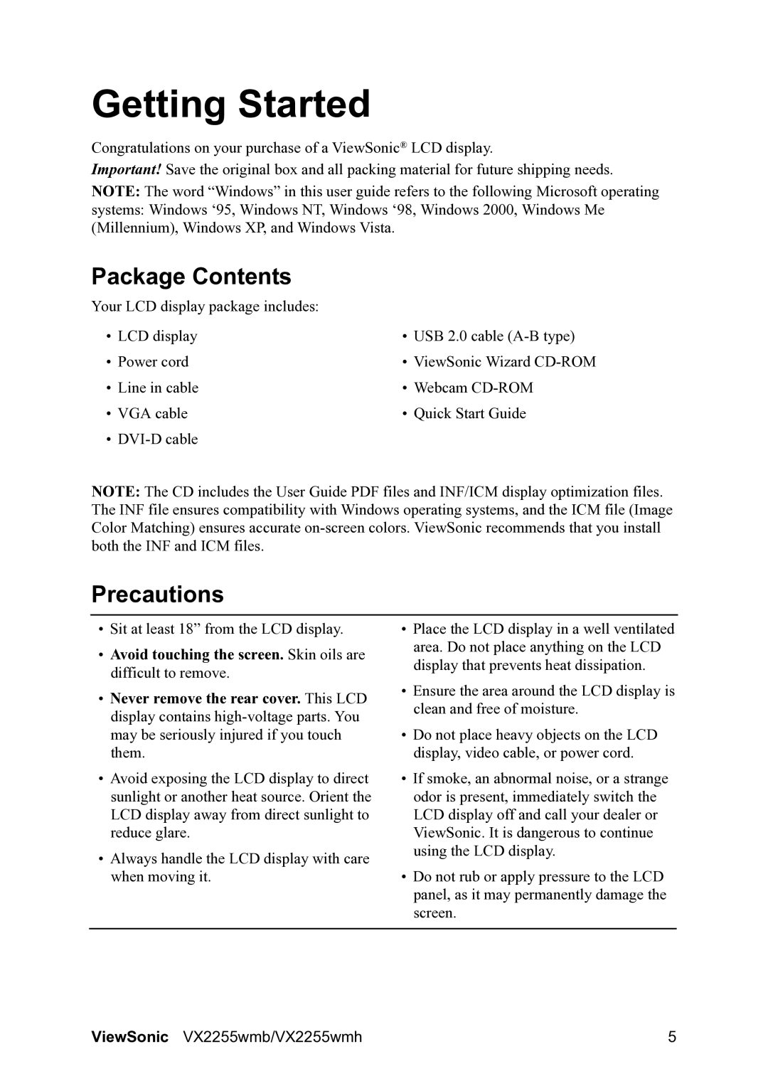 ViewSonic VX2255WMH manual Getting Started, Package Contents, Precautions 