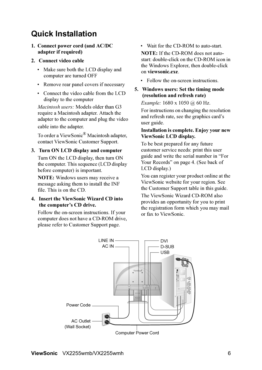 ViewSonic VX2255WMH manual Quick Installation, Turn on LCD display and computer 