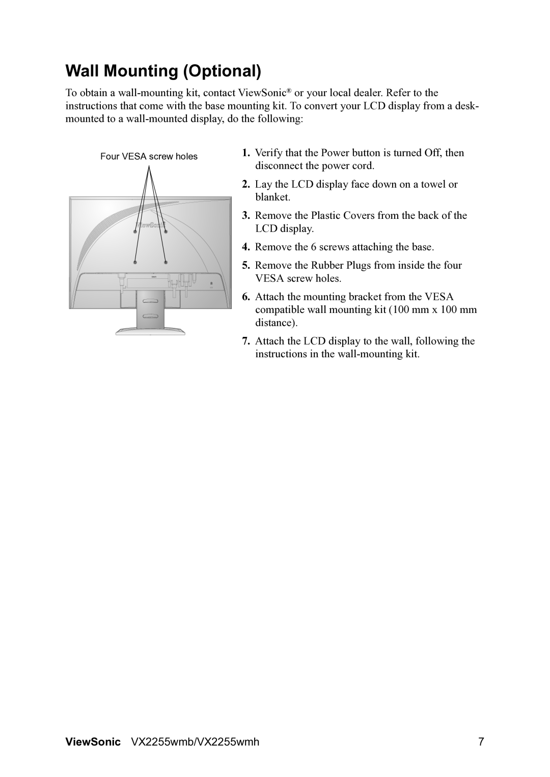 ViewSonic VX2255WMH manual Wall Mounting Optional 