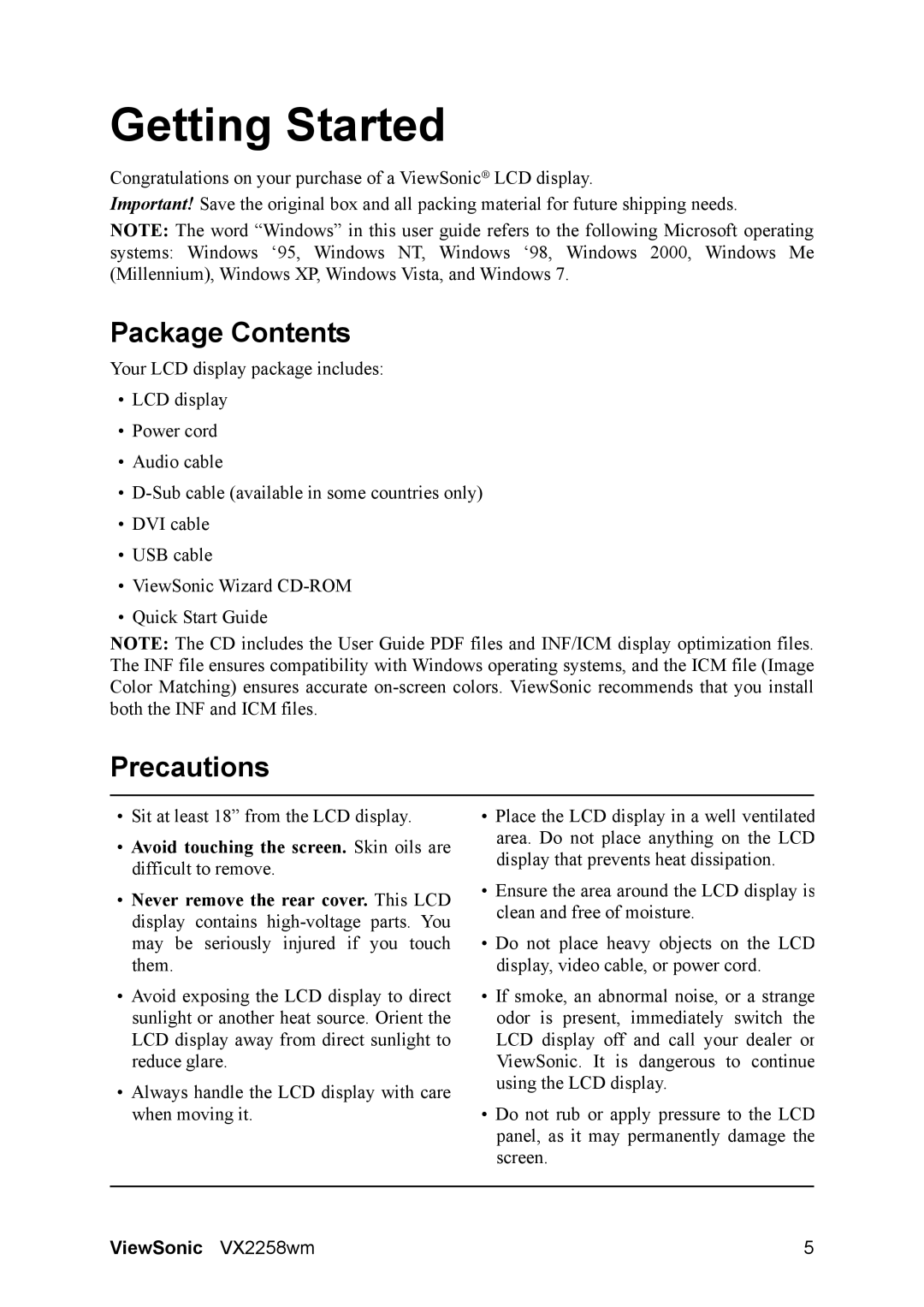 ViewSonic VX2258WM warranty Package Contents, Precautions 