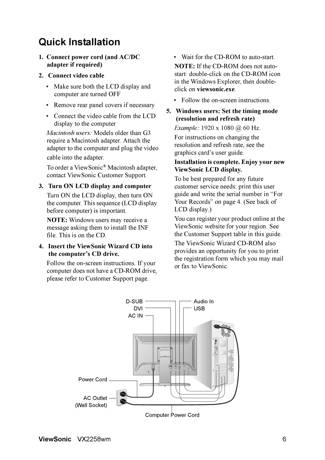 ViewSonic VX2258WM warranty Quick Installation, Turn on LCD display and computer 