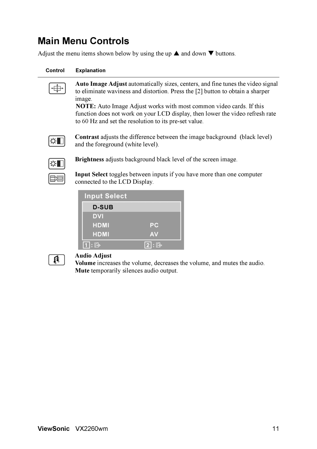 ViewSonic VX2260s-LED warranty Main Menu Controls, Audio Adjust 