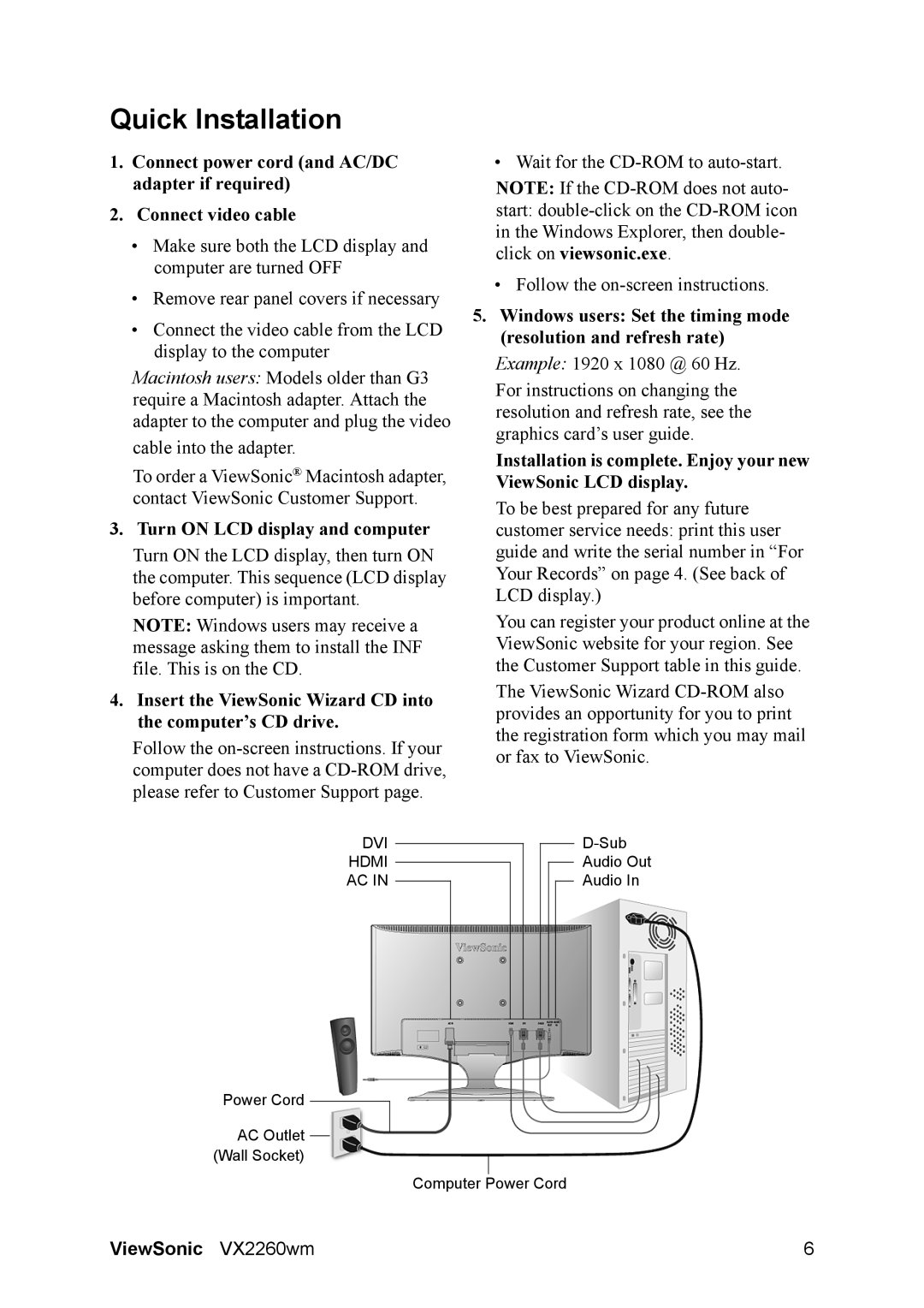 ViewSonic VX2260s-LED warranty Quick Installation, Turn on LCD display and computer 