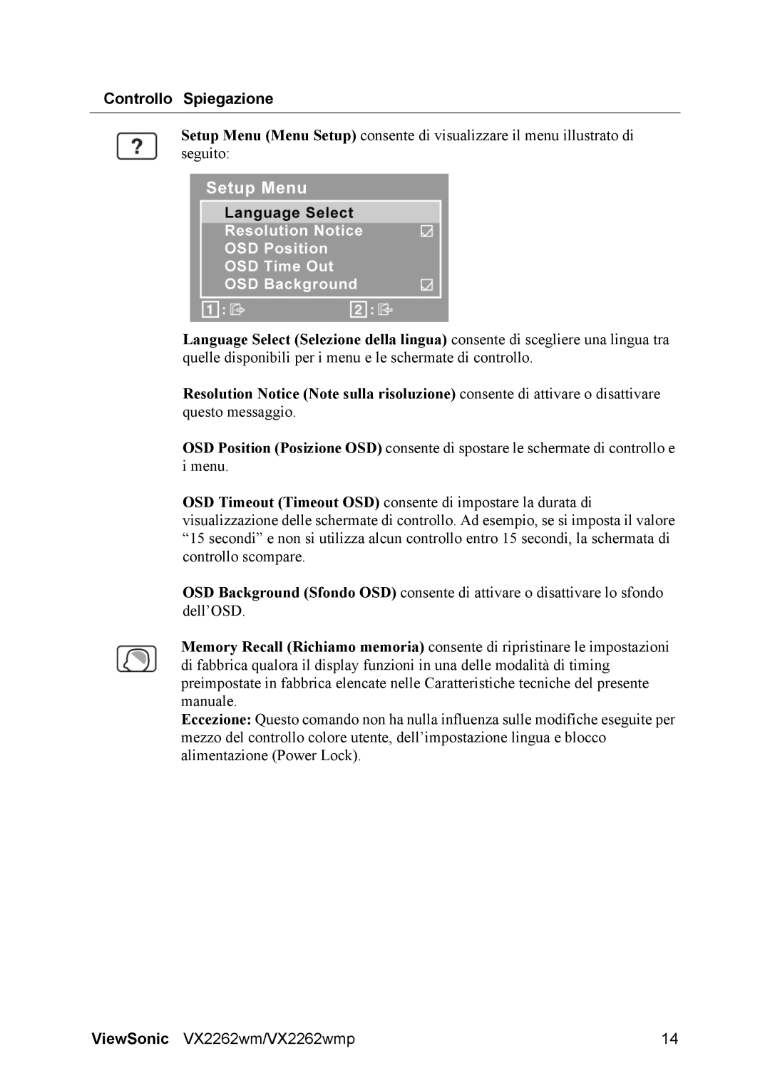 ViewSonic VX2262wmp manual Controllo Spiegazione 