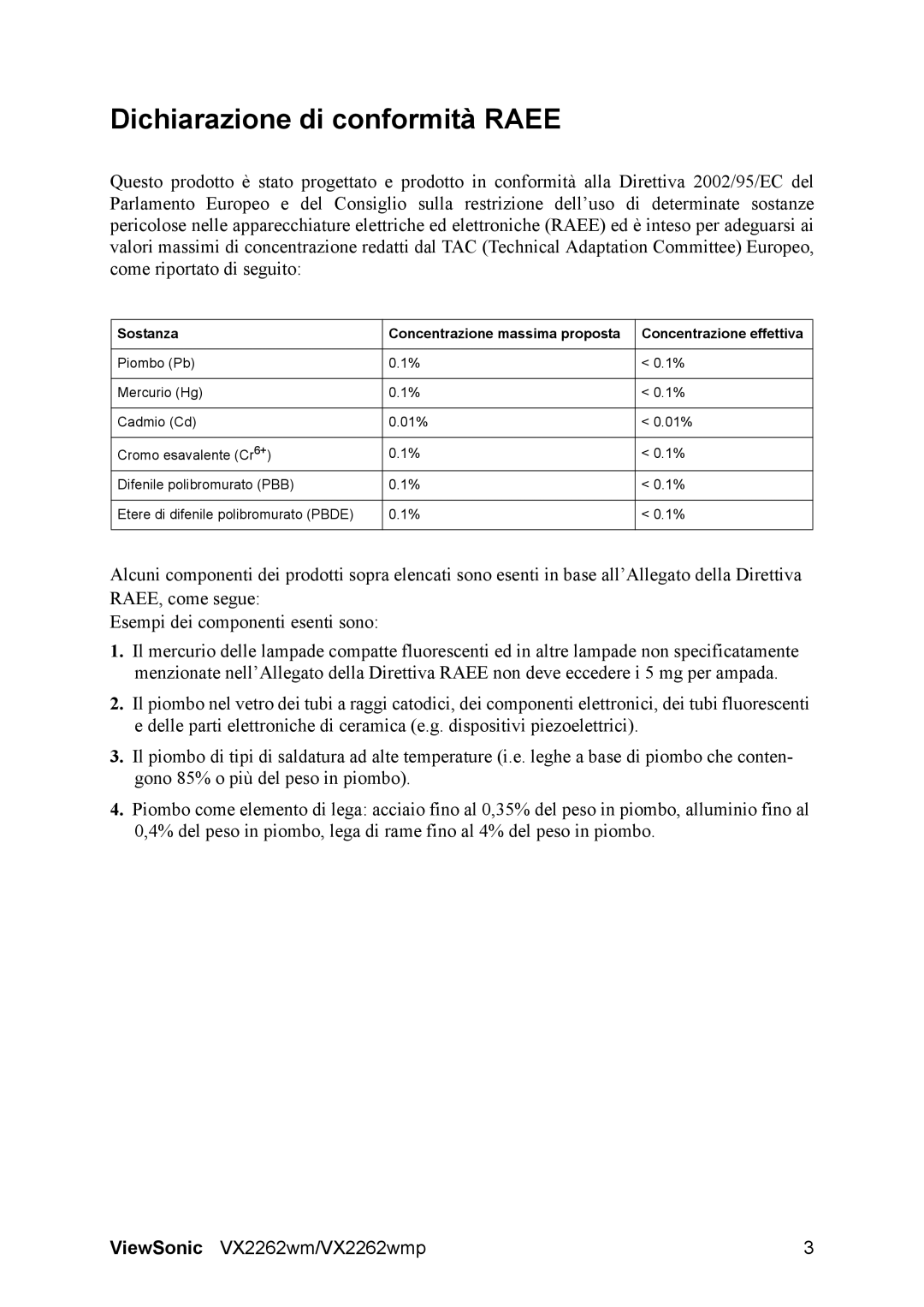 ViewSonic VX2262wmp manual Dichiarazione di conformità Raee 