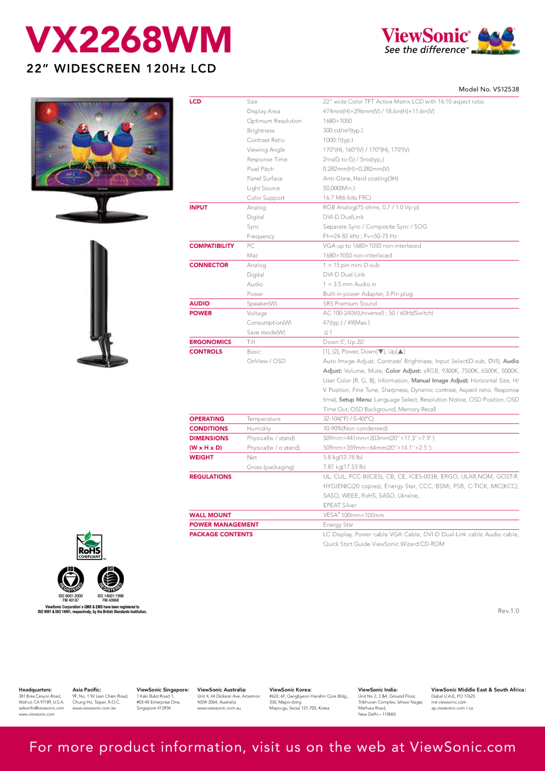 ViewSonic VX2268WM Lcd, Input, Compatibility, Connector, Audio, Power, Ergonomics, Controls, Operating, Conditions, Weight 