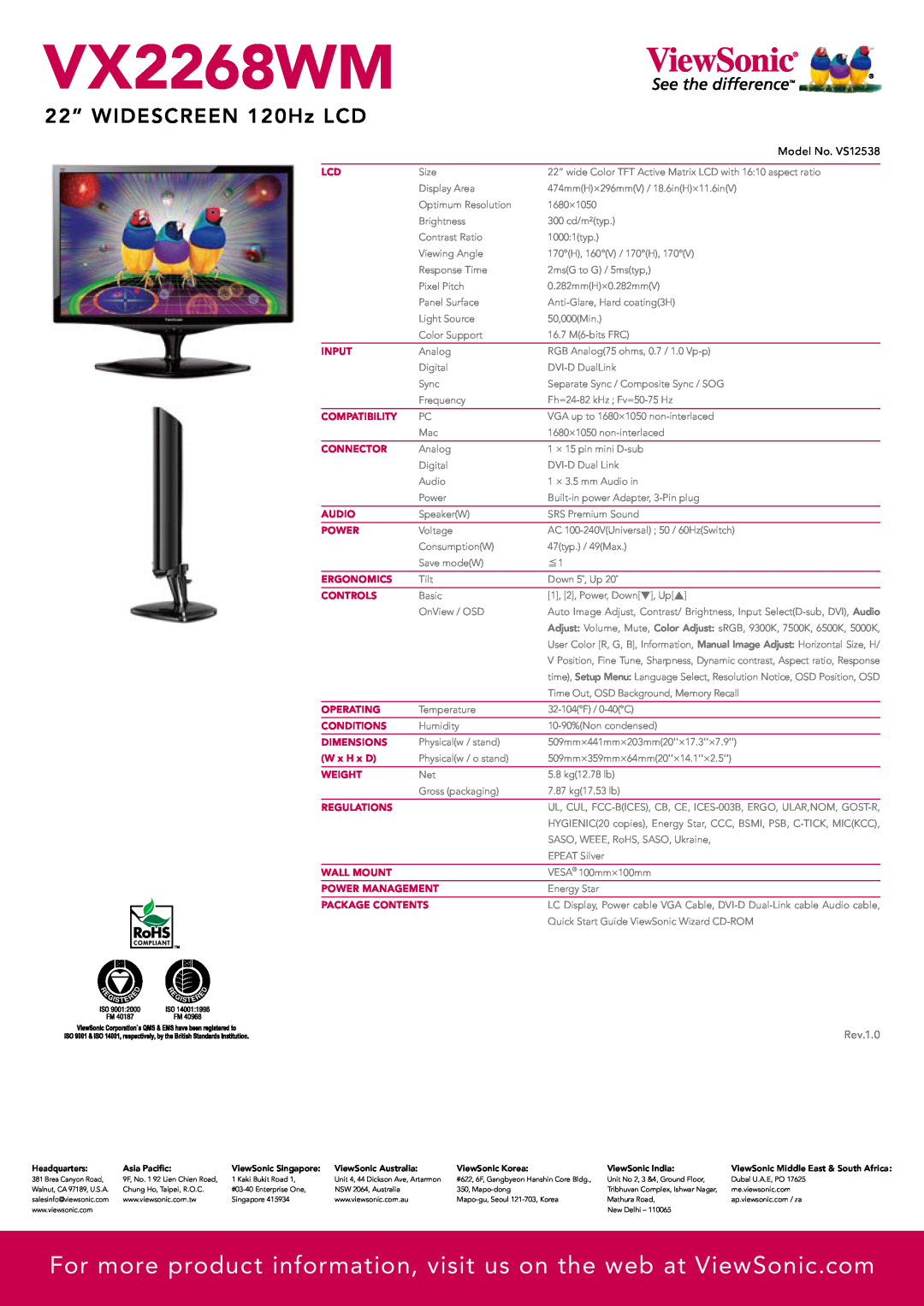ViewSonic VX2268WM manual For more product information, visit us on the web at ViewSonic.com, 22” WIDESCREEN 120Hz LCD 