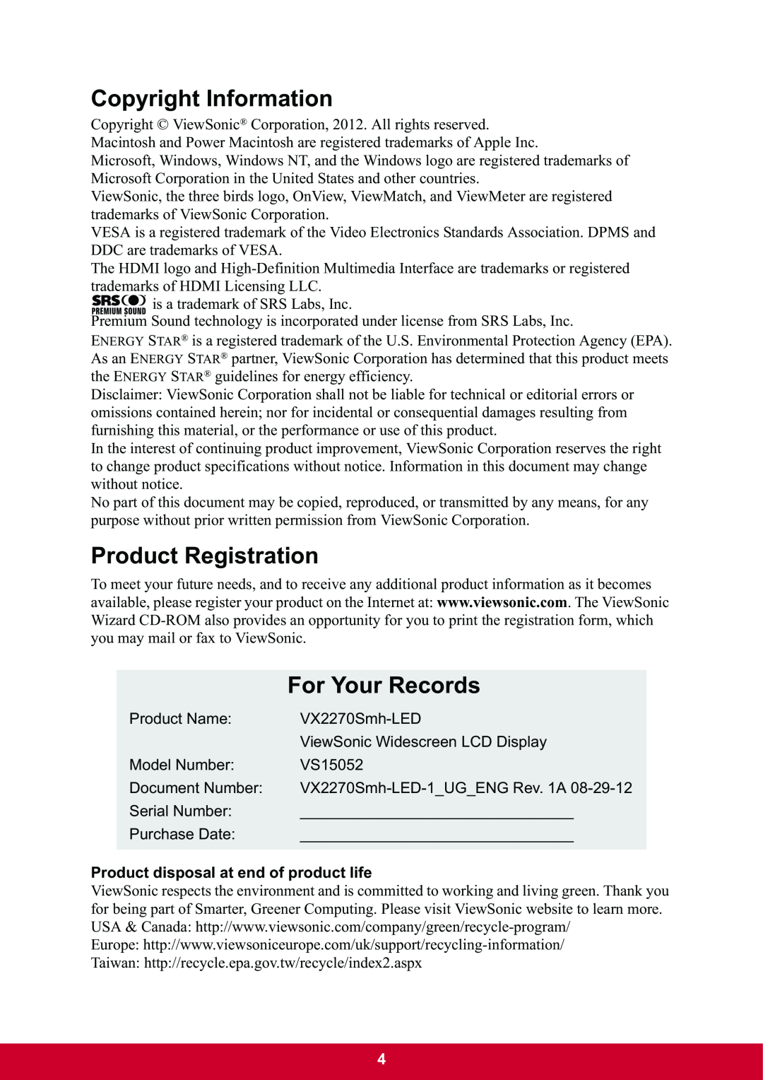 ViewSonic VX2270Smh-LED warranty Copyright Information, Product Registration, For Your Records 