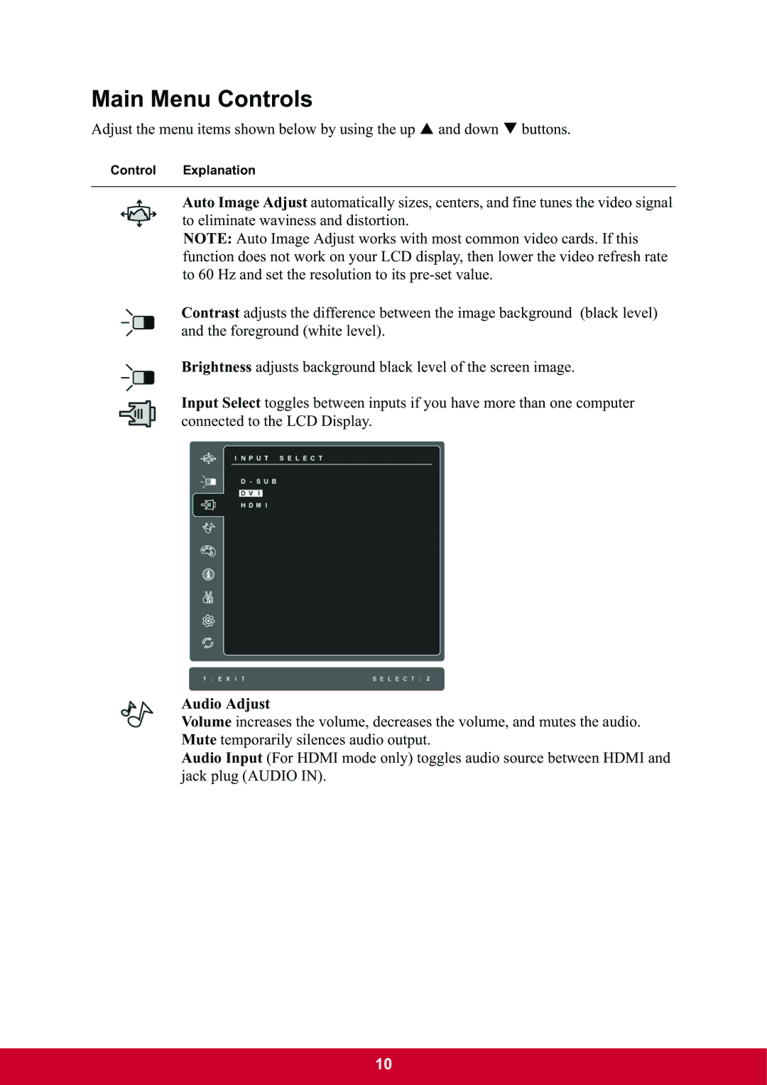 ViewSonic VX2270Smh-LED warranty Main Menu Controls, Audio Adjust 