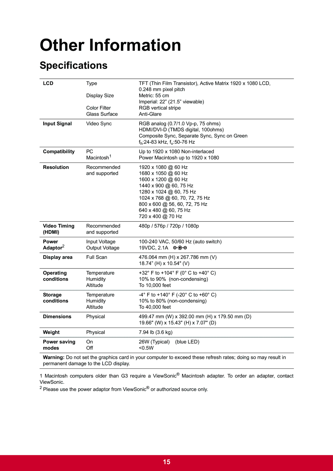 ViewSonic VX2270Smh-LED warranty Other Information, Specifications 