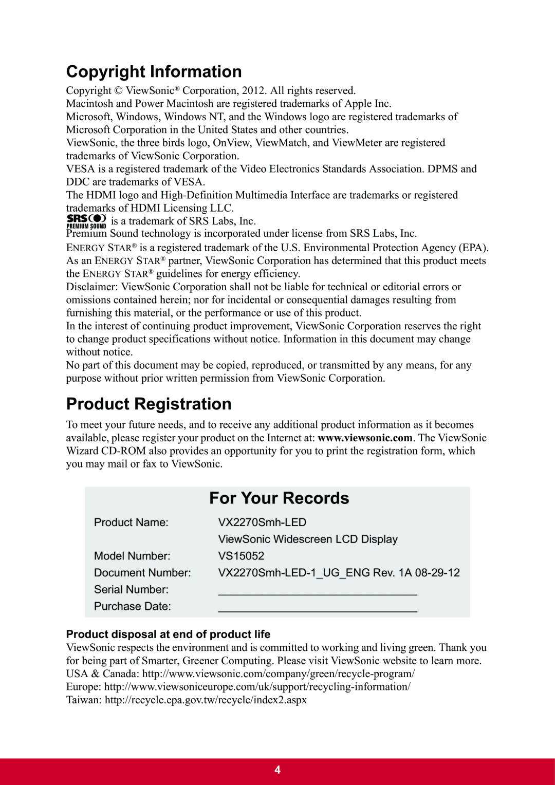 ViewSonic VX2270Smh-LED warranty Copyright Information, Product Registration For Your Records 