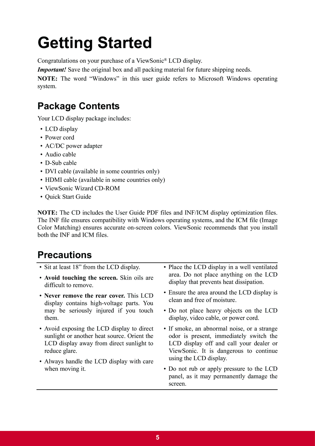 ViewSonic VX2270Smh-LED warranty Package Contents, Precautions 