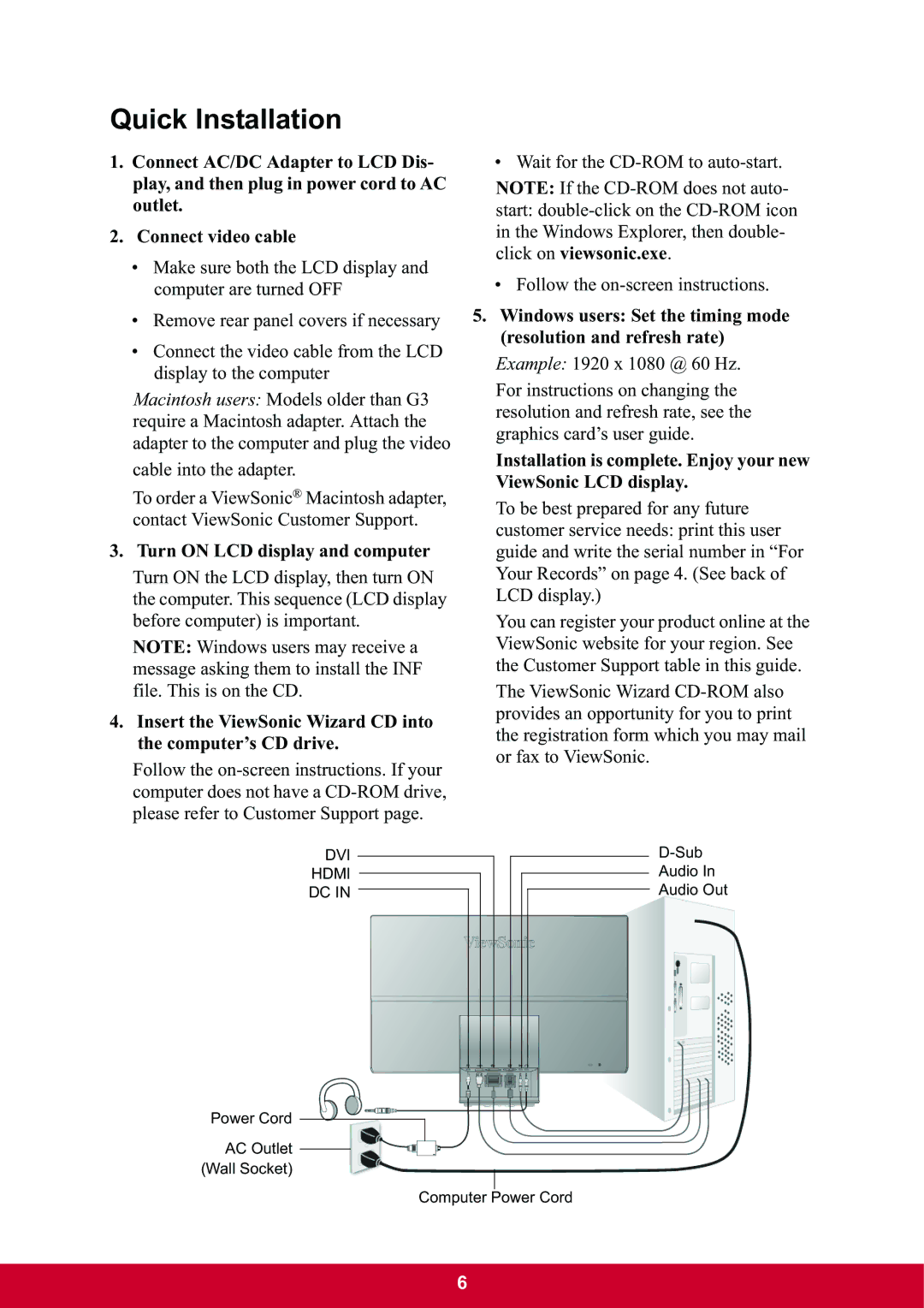 ViewSonic VX2270Smh-LED warranty Quick Installation, Turn on LCD display and computer 