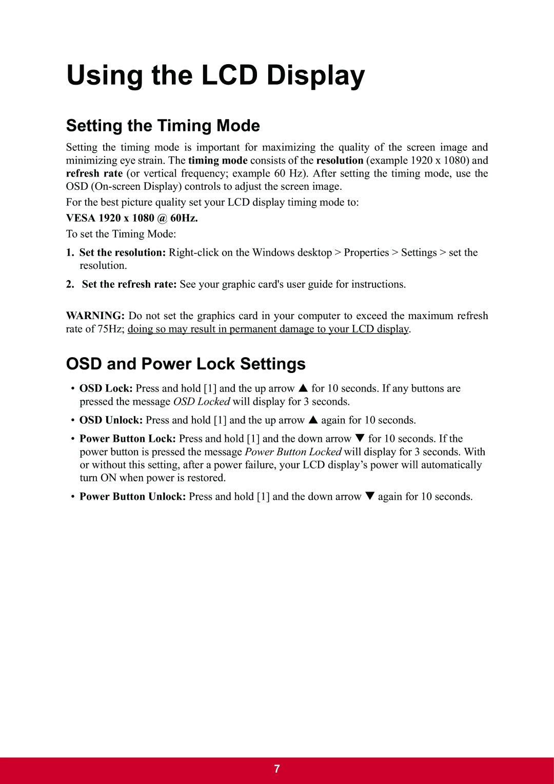 ViewSonic VX2270Smh-LED warranty Setting the Timing Mode, OSD and Power Lock Settings, Vesa 1920 x 1080 @ 60Hz 