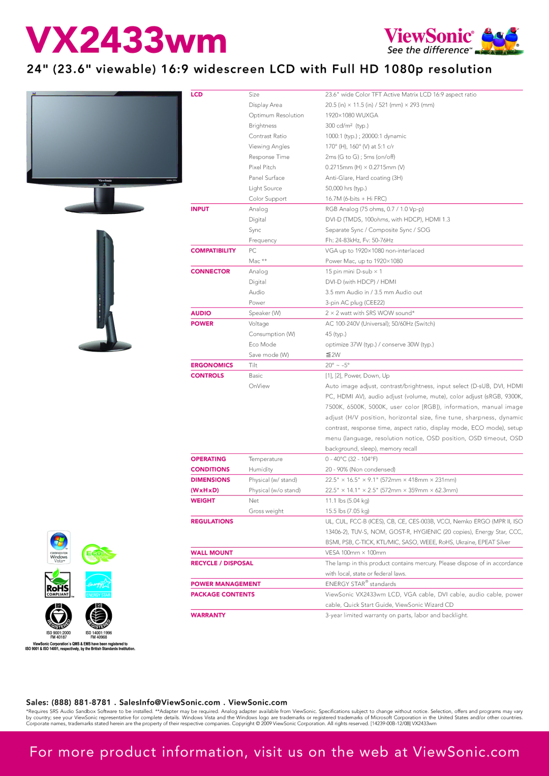 ViewSonic VX2433wm Lcd, Input, Compatibility, Connector, Audio, Power, Ergonomics, Controls, Operating, Conditions, Weight 